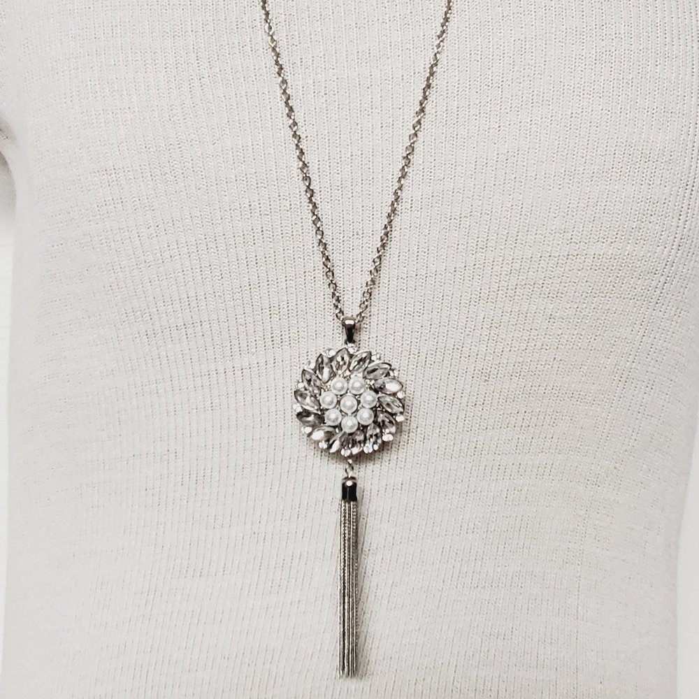 C1946 Silver TASSEL Clear Rhinestone Faux Pearl STATEMENT 20" Pendant Necklace